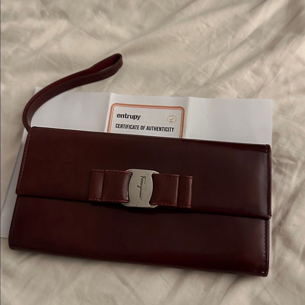 Wristlet Wallet + COA; Salvatore Ferragamo Wine Red Wallet with Bow Accent